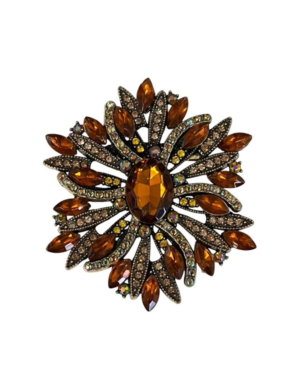 Vintage Amber Rhinestone Brooch Statement Pin Gold Tone AB Crystal 2.5”